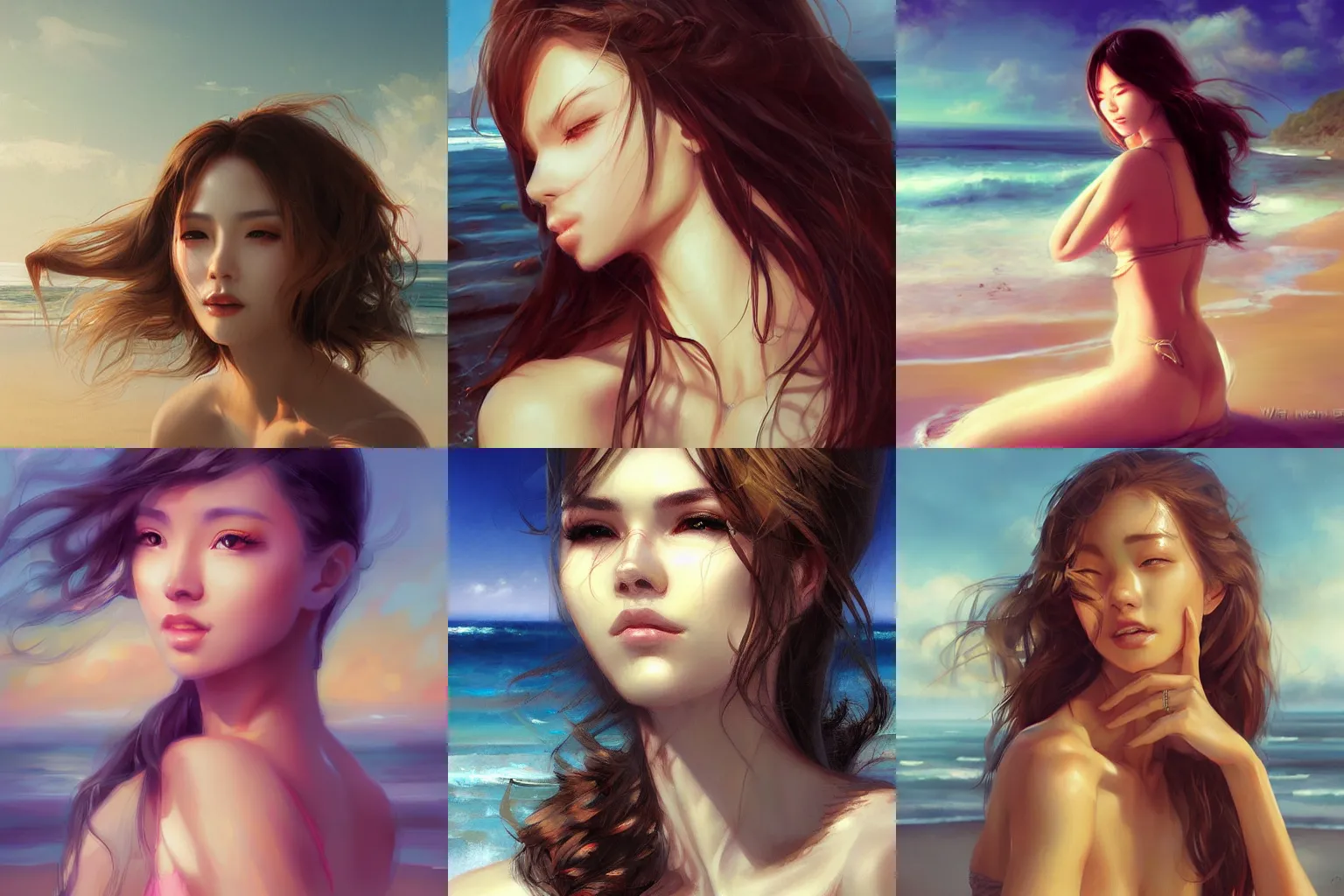 Prompt: portrait of beautiful woman on the beach by wlop, ross tran, artgerm.