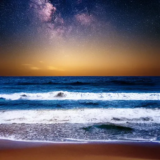 Image similar to a photo taken by shore of the ocean on an alien planet that shows the water all the way to the horizon and the night sky that has many colorful galaxies and stars in it