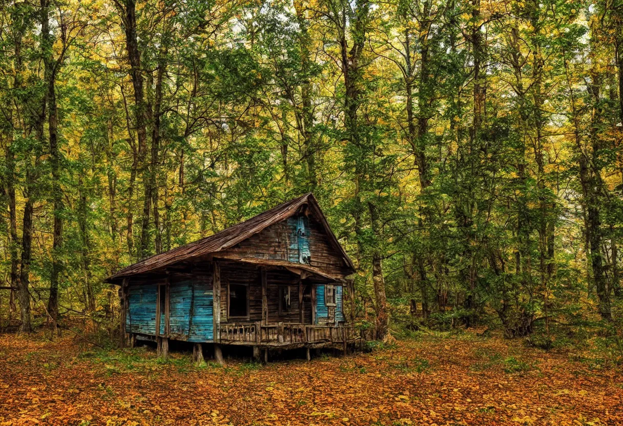 Prompt: old cabin in a forest 4k autumn cinematic low angle trees lonely clear view logs overgrown pasture green blue tones