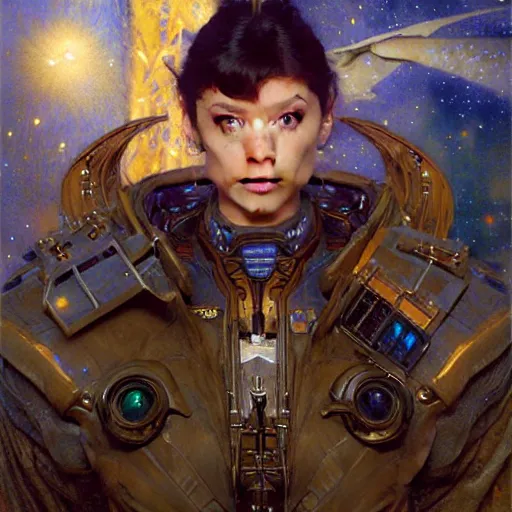 Image similar to portrait wolf nin uniform starship stars. shadowrun furaffiniy cyberpunk fantasy highly detailed painting by gaston bussiere craig mullins jc leyendecker gustav klimt artgerm greg rutkowski john berkey, bergey, craig mullins, ruan jia, raymond swanland, jeremy mann, tom lovell, alex malveda