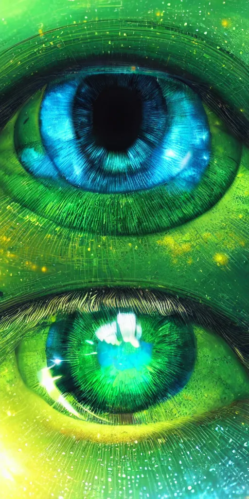 Image similar to hyper realistic photo of beautiful green eye reflecting a sky full of a billion rainbow stars, hyper realistic, fractal art, art station, coherent design, symmetrical, vivid colour, complementary colour, golden ratio, detailed, sharp lines, intricate, rainbow shift, in unreal 3 d engine, ray tracing, octane render