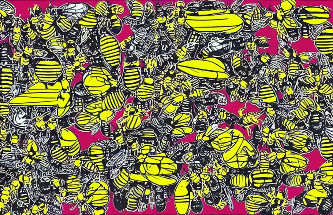 Image similar to pop art collage of mechanical bees, style of Andy Warhol