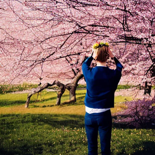 Prompt: kodak portra 4 0 0 photograph of a skinny blonde guy standing in field of cherry blossom trees, back view, flower crown, moody lighting, telephoto, 9 0 s vibe, blurry background, vaporwave colors, faded!,