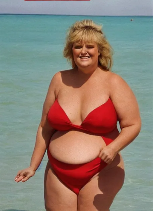 Prompt: “Extremely obese Donald Trump in a womens swimsuit.”