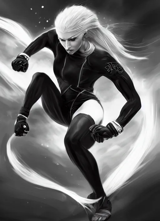 Image similar to a highly detailed illustration of fierce ponytail platinum blonde woman wearing black mma gear and gloves, dramatic powerful kicking pose, perfect face, fairly muscular, athletic, intricate, elegant, highly detailed, centered, digital painting, artstation, concept art, smooth, sharp focus, league of legends concept art, WLOP