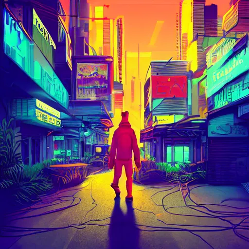 Image similar to Orange tabby cat walks through streets of a cyberpunk city, synthwave, Retrowave, trending on Artstation