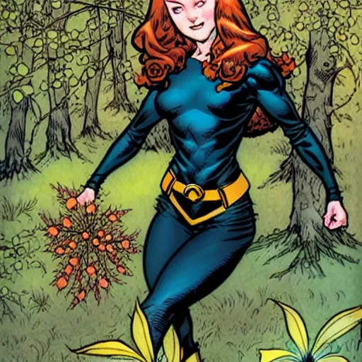 Image similar to A cute little Jean Grey by xmen collecting flowers in the forest. Absurdly-detailed fantasy character illustration by Rebecca Guay and Wayne Reynolds