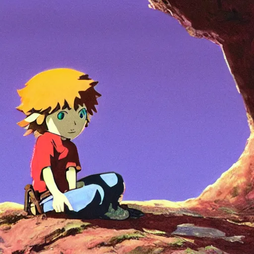Prompt: Little red-head boy sitting in front of a white sofa. Miyazaki, Nausicaa Ghibli, Breath of The Wild, epic composition
