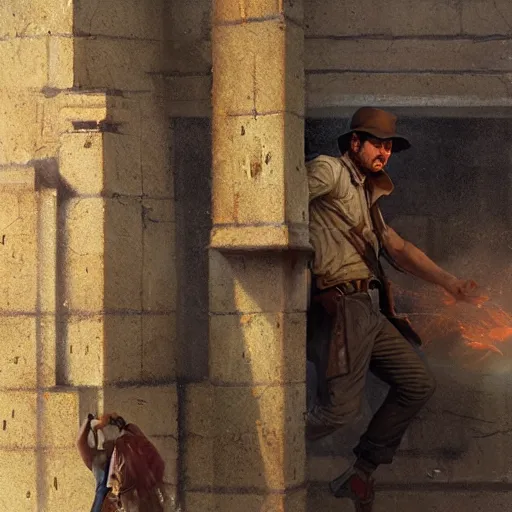 Image similar to indiana jones stealing a catalytic convertor, that is on a trapped pedastal, from inside a temple, painted by greg rutkowski