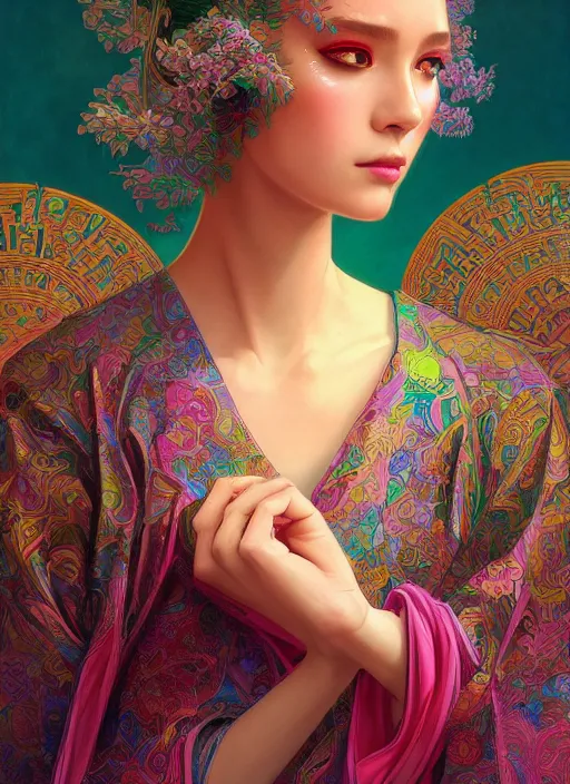 Prompt: beautiful young woman, gorgeous face, sad eyes, tears, cyberpunk, vaporwave aesthetic, synthwave, colorful, psychedelic, intricate, elegant, long beautiful flowing kimono, highly detailed, digital painting, artstation, concept art, smooth, sharp focus, illustration, art by artgerm and greg rutkowski and alphonse mucha