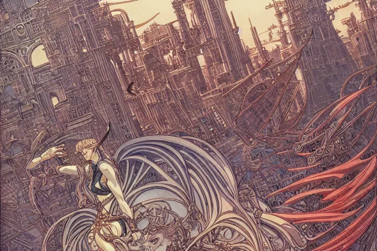 Image similar to late renaissance city on the coast, intricate linework, in the style of moebius, ayami kojima, 9 0's anime, retro fantasy