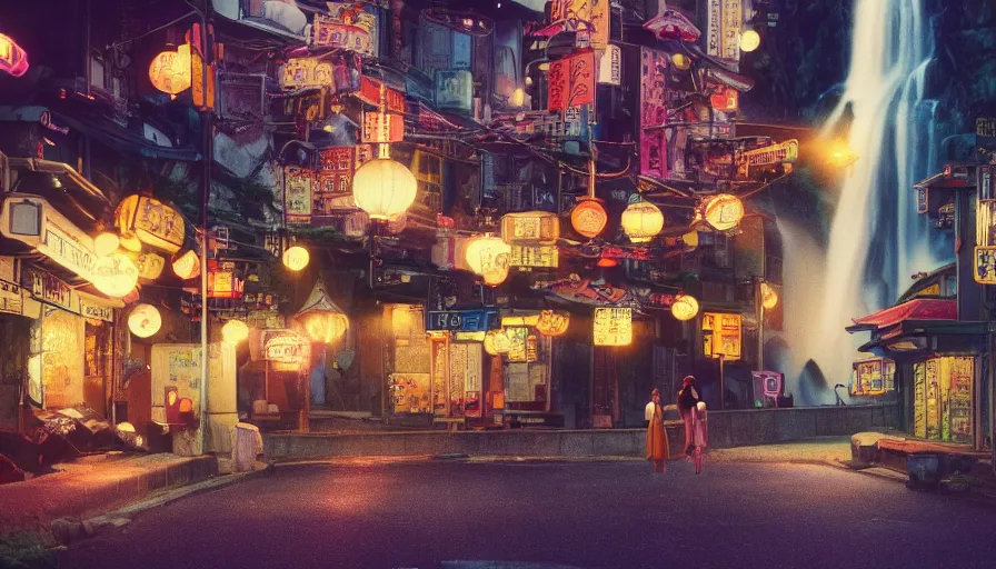 Image similar to A film still from a 1990s Sailor Moon cartoon tv show featuring a moody street in Japan with a waterfall and lanterns, lofi aesthetic, magical, golden hour, cinematic look, film grain, high detail, high resolution, 8k