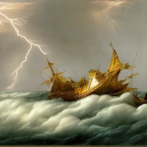Image similar to a royal vessel in stormy seas and lightning