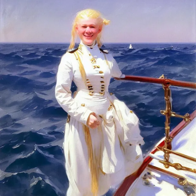 Image similar to painting of a muscular albino female sailor woman with broad shoulders, flowing white hair, and a confident smile, naval uniform, on a boat at sea. painting by john singer sargent and ivan aivazovsky, 4 k hd artstation