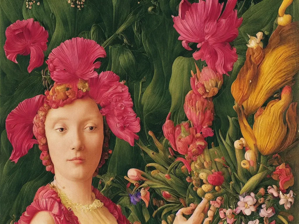 Image similar to Beautiful exotic flowers under her blouse, dress, close up. Painting by Jan van Eyck, Audubon, Maria Sybilla Merian, Rene Magritte, Agnes Pelton, Max Ernst, Walton Ford