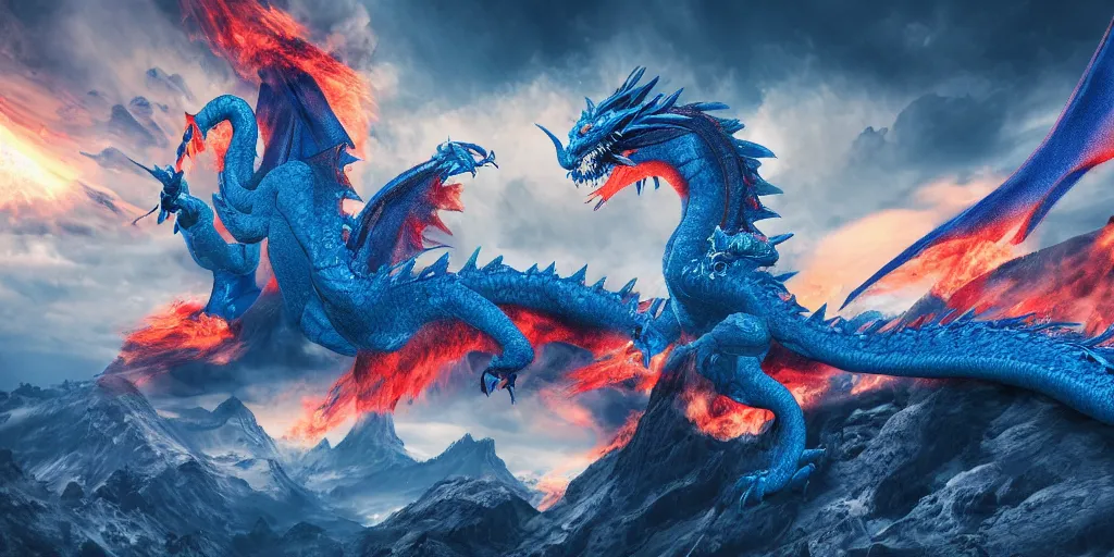 Prompt: a blue dragon breathing fire on the top of a mountain, epic composition, detailed and intricate image, cinematic, 4 k