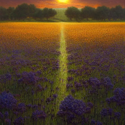 Image similar to field of flowers at night, lit by moonlight, landscape art by donato giancola and greg rutkowski, digital art, trending on artstation, symmetry!!, volumetric lighting