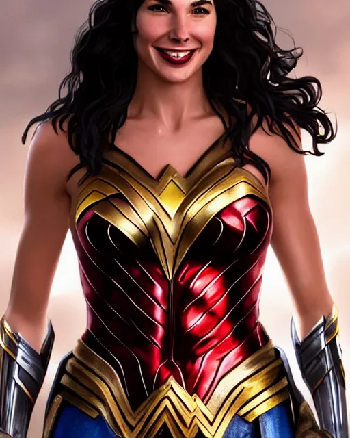 Prompt: cu portrait photo of a smiling gal gadot playfully sticking out her tongue while dressed as wonder woman, photorealistic, trending on artstation