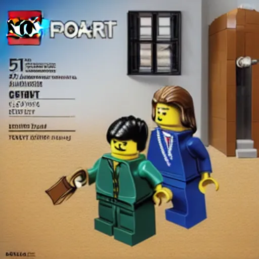 Image similar to Box art for a LEGO set of a high profile court case