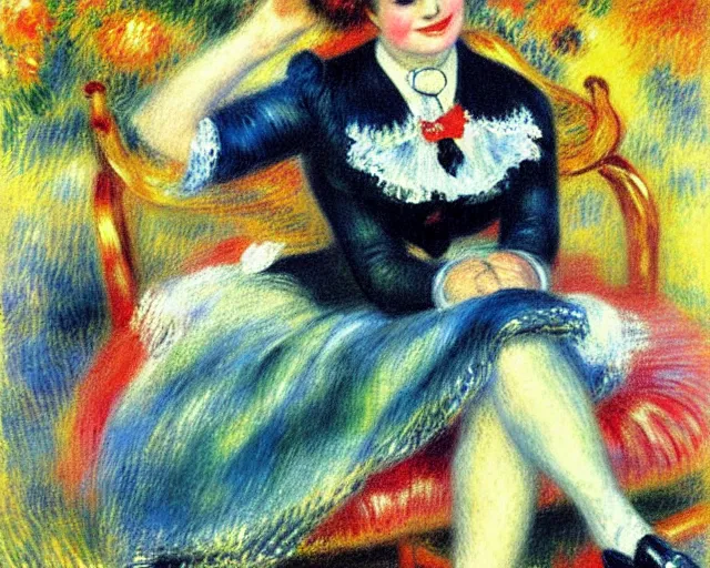 Prompt: vintage, big champagne bottle. cancan girl sitting on the big bottle, french, realistic, cheerful, 1 9 0 2, art by renoir