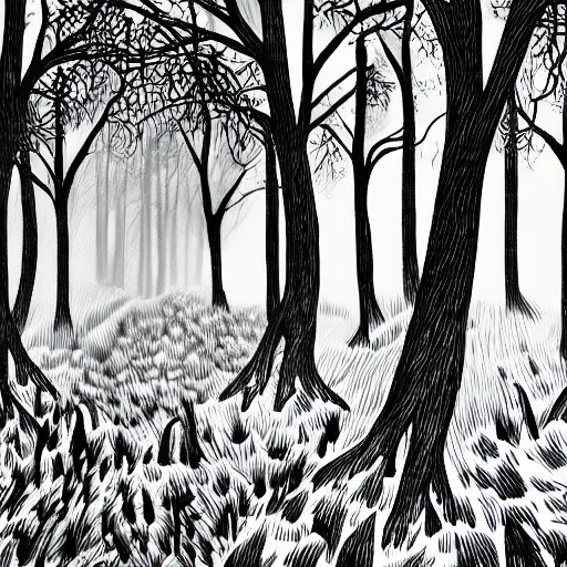 Image similar to dark forest illustration, 4k detailed, black ink on white paper, dark fantasy, white space in middle