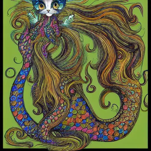 Prompt: cat seahorse mermaid shapeshifter, long-haired humanoid fursona by Louis Wain, furaffinity, trending on artstation