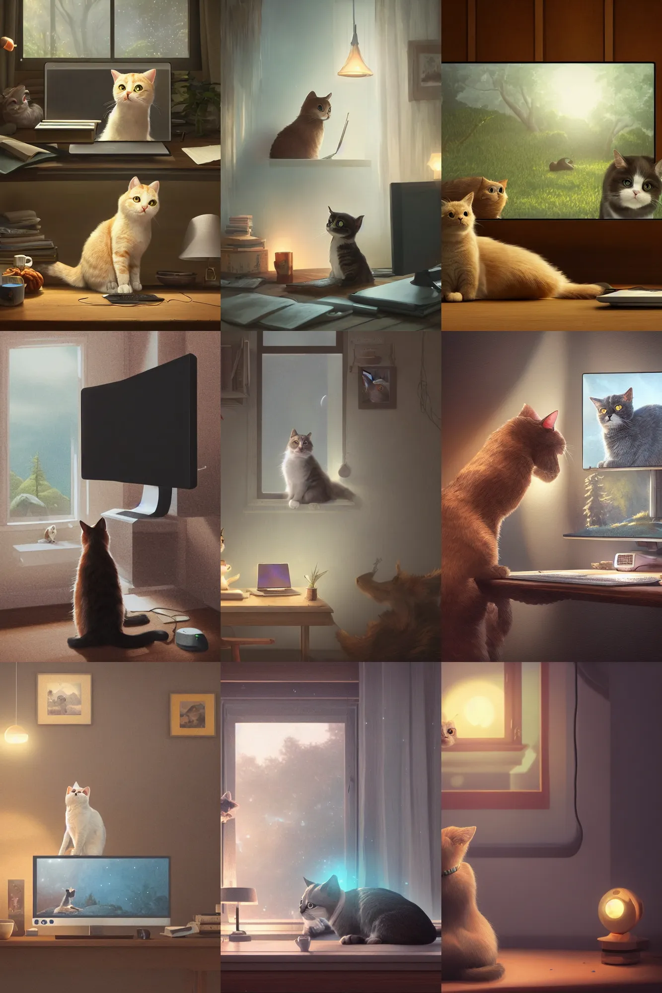 Prompt: a wholesome cottagecore illustration of a cat in a trance looking at the computer monitor create Stable Diffusion AI Art, Discord on monitor, Pixar and Disney animation, sharp, Rendered in Redshift and Unreal Engine 5 by Greg Rutkowski, Bloom, dramatic lighting