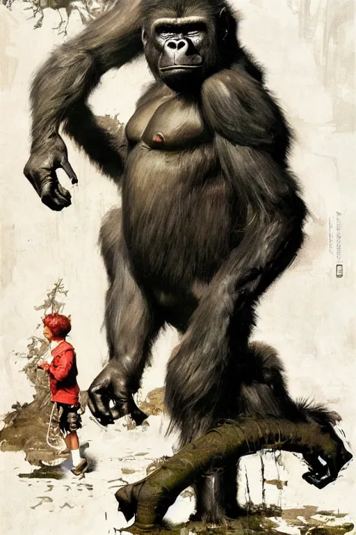 Image similar to full body portrait of huge slimy hairless bipedal gorilla, by norman rockwell, jack kirby, jon berkey, earle bergey, craig mullins, ruan jia, jeremy mann, tom lovell, marvel, astounding stories, 5 0 s pulp illustration, scifi, fantasy, artstation creature concept