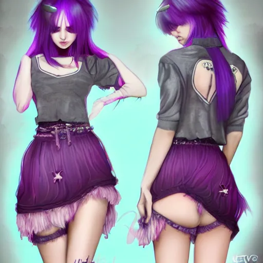 Image similar to kerli koiv animel goth girl with purple hair in mini skirt and crop top intricate, extremely detailed, artstation, 8 k, sensual lighting, incredible art, wlop, artgerm