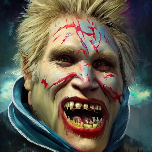 Image similar to detailed photo portrait of a Half-orc bard portrayed by Gary Busey, 8k,by tristan eaton, Stanley Artgermm,Tom Bagshaw,Greg Rutkowski,Carne Griffiths,trending on DeviantArt, face enhance,hyper detailed ,full of colour, dramatic lightning