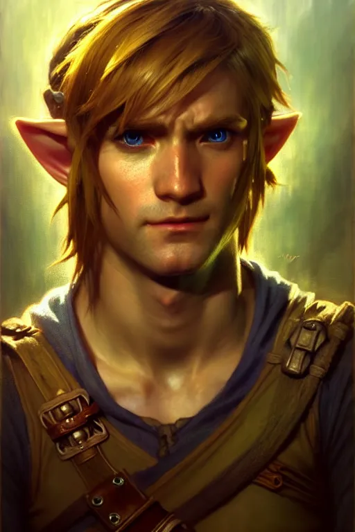 Prompt: hyperrealist portrait of link from the legend of zelda. by jeremy mann and alphonse mucha, fantasy art, photo realistic, dynamic lighting, artstation, poster, volumetric lighting, very detailed faces, 4 k, award winning