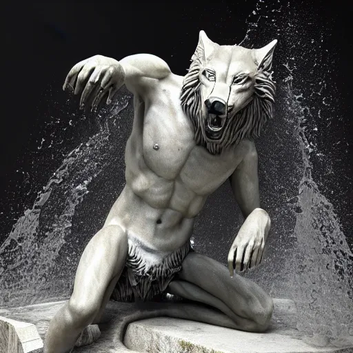 Image similar to a delicate marble sculpture dramatic portrait of a werewolf covered with water veil, highly detailed marble cloth, gi, global illumination, physically based rendering, photorealistic, top light, dark background