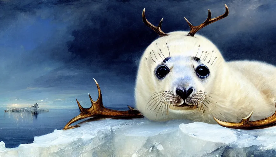 Image similar to highly detailed painting of cute furry white baby seal with antlers cuddling into each other on a blue and white iceberg by william turner, by greg rutkowski, by william constable, thick brush strokes and visible paint layers, 4 k resolution