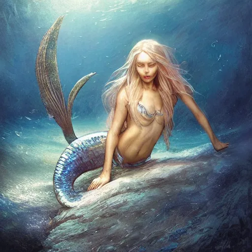 Image similar to High detail painting of a mermaid in a oyster, underwater fantasy world, full body, long blonde hair, blue eyes, fish tail, digital art, highly detailed, Greg Rutkowski, Chris Moore