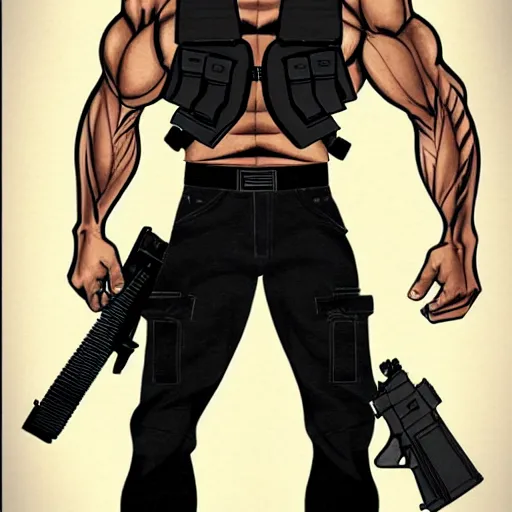 Image similar to muscular man wearing a vest, black vest open with no shirt underneath, cargo pants, ammo belt, holding a blaster, long black hair in a ponytail, five o' clock shadow, comic book art, realistic