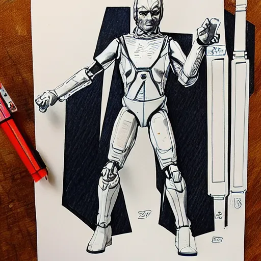 Prompt: industrial design sketch of an 1 9 8 0's kenner action figure. copic marker sketch. hand drawn.