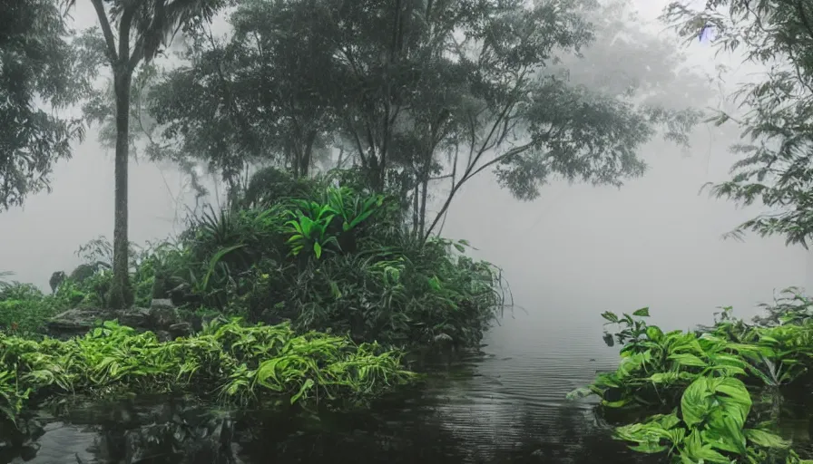 Prompt: a rainy foggy jungle, river with low hanging plants, there is a giant aligator in the water, it is glowing, great photography, ambient light