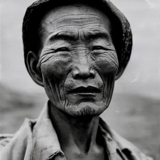 Image similar to ultra realistic vintage photo portrait of a tibetan man with a deep bloody hole on the middle of his forehead, by Annie Leibovitz,