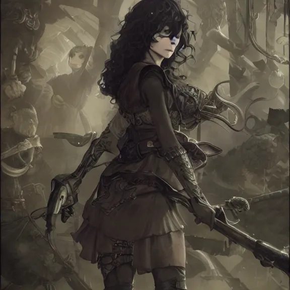 Image similar to christina hendricks!!!!! goth!!!!!, tankoban, 4 k, tone mapping, akihiko yoshida, james jean andrei riabovitchev marc simonetti, yoshitaka amano, long hair, curly, h. hydrochaeri