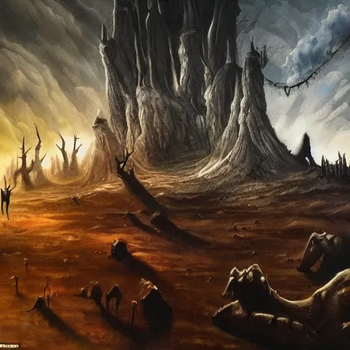 Image similar to big dark landscape, fantasy world, chilling overwhelming oil painting, brutal unforgiving creatures waiting in the shadows, hopeless and dreadful sounds of tortured people