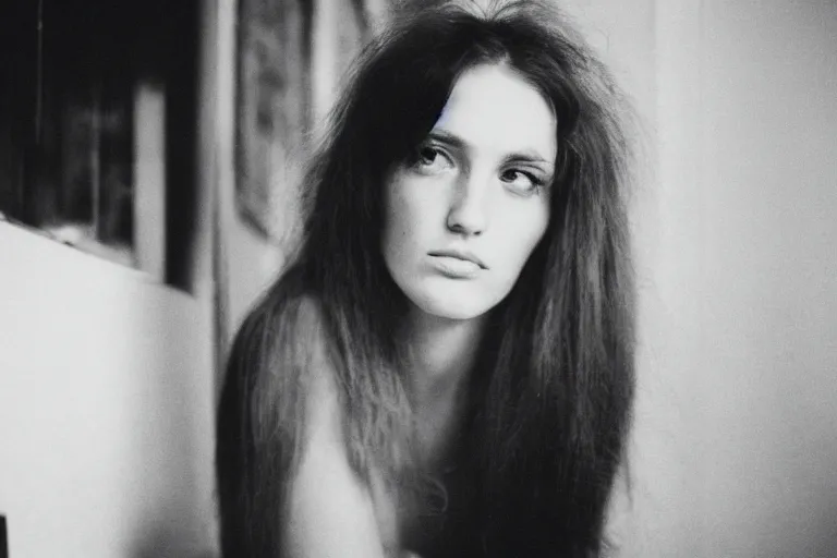 Image similar to 7 0 s street photography, close - up portrait, light shining on model in living room interior, soft light, no focus