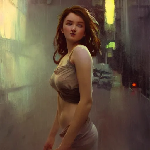 Image similar to kaitlyn dever, hyperrealistic full figure, bladerunner street alley, art of elysium by frank frazetta and by jeremy mann and by alphonse mucha, fantasy art, photo realistic, dynamic lighting, artstation, full figure poster, volumetric lighting, very detailed face, 4 k, award winning