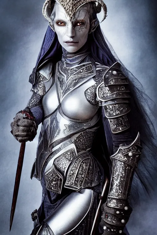 Image similar to head and shoulders portrait of an eldritch knight, drow, dark elf, shadar kai, female, breastplate, magical, high fantasy, d & d, by annie liebovitz, face details, extremely detailed, vogue fashion photo