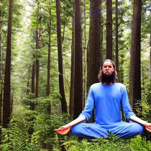 Prompt: meditator in the woods with tall trees, in style of Tomas Sanchez