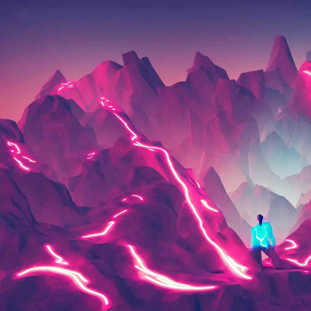 Prompt: manikin made of marble, fractal neon explosion revealing a portal to a vaporwave paracosm, mountains and city in background, rule of thirds, clean linework, dramatic, moody, introspective, cinematic, award winning, 4 k, trending on artstation, photorealistic, volumetric lighting, octane render