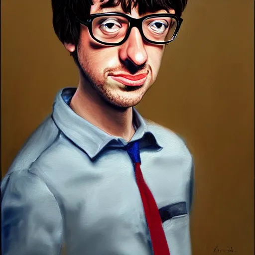 Image similar to Caricature portraits done of a young Graham Coxon, realistic, hyperrealistic, very realistic, highly detailed, very detailed, extremely detailed, detailed, oil painting, digital art, trending on artstation