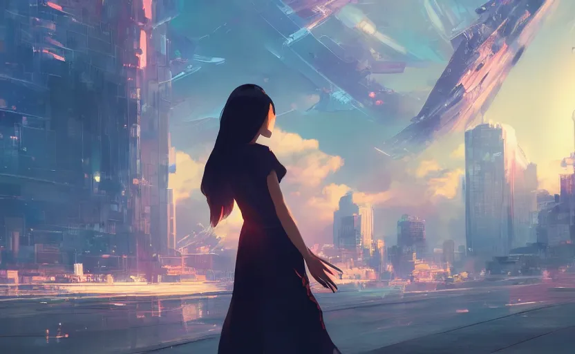 Prompt: beautiful Vietnamese woman, sci-fi fashion, buzz cut hair, scene of a city, dramatic light, wide angle, dramatic pose, dramatic angle , 8k hdr pixiv by Makoto Shinkai and Wojtek Fus