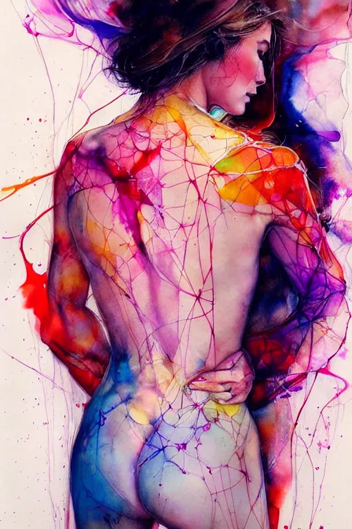 Image similar to sophia vergara by agnes cecile enki bilal moebius, intricated details, 3 / 4 back view, bendover posture, full body portrait, extremely luminous bright design, pastel colours, drips, autumn lights