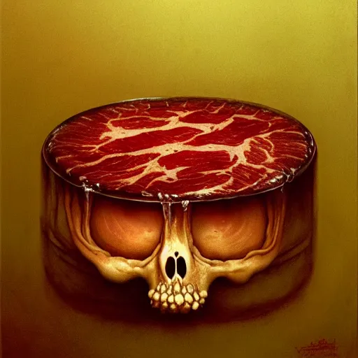 Prompt: meat jelly aspic on bone plate, incenerate painting by david cronenberg, beksinski, bernie wrightson, trending on artstation, horror film, creepypasta