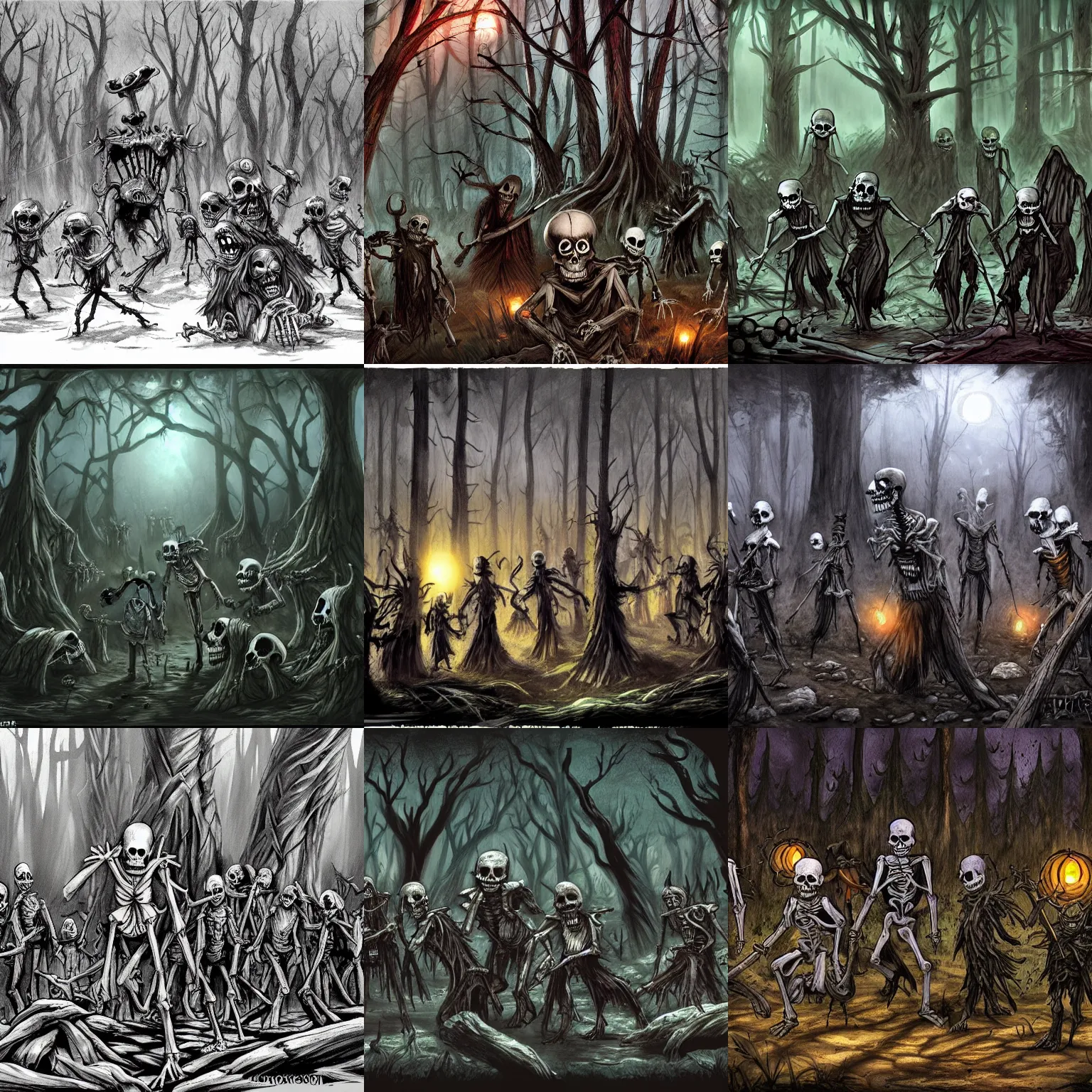 Prompt: dozens of scary skeletons and zombies in a forest at night, d & d, concept art, fantasy art